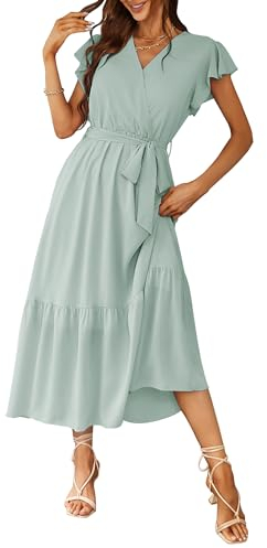 Awemeal Kleid Damen Sommer Elegant V-Ausschnitt Kurzarm Lang Sommerkleid Boho Blumenkleid mit Gürtel Rüschen Saum Wickelkleid Strandkleid A Linie Fließend Maxikleid (XL, Grün)