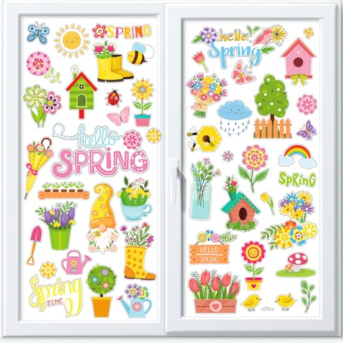 HOWAF 8 Blatt Fensterbilder Frühling Selbstklebend, Fensterbilder Blumen Schmetterling Fensterbilder Selbstklebend Wiederverwendbare Fensteraufkleber Fensterbilder Kinder für Fensterdeko Frühling