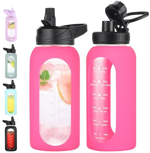 EALGRO 32 oz Glass Water Bottle with Straw and Handle, Sports Motivational Water Flask with Silicone Sleeve, Large Leakproof Water Flask Cup with Time Marker for Travel, Gym, Hot Pink