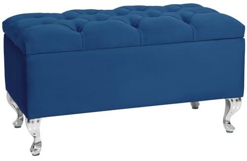 LORDLY Sitzbank mit Stauraum MODIANO CR 81x42cm – Marineblau Velourstof, Sitztruhe, Aufbewahrungsbox, Polsterbank mit Samtbezug für Wohnzimmer, Schlafzimmer, Diele