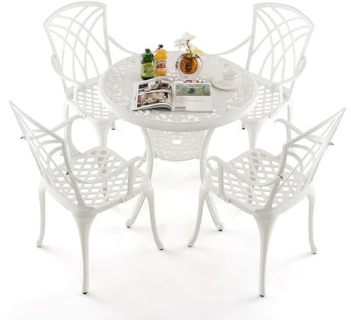 GIANTEX Gartenmöbel, für den Außenbereich, Gartentisch mit Stuhl aus Aluminiumguss, Bistrotisch, 5 Stück, für 4 Personen, Sonnenschirmloch Durchmesser 5 cm, runder Tisch für Terrasse, Balkon, Garten,