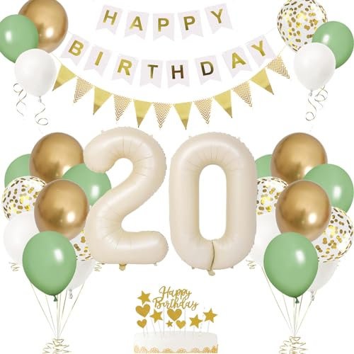 20. Geburtstag Deko Beige, Luftballon 20. Creme, Weiß Creme Folienballon 20, Mädchen 20 jahre Luftballon deko Sandweiß, Zahl 20 Helium Luftballons Salbeigrün Weiß Ballons für Geburtstag Party Deko
