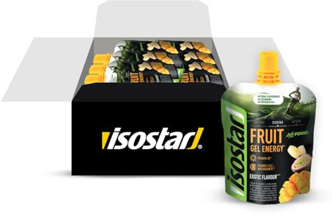 Isostar Actifood Gel énergétique, riche en vitamines C, E et source de vitamine B1, saveur exotique, 90 g, 24 unités
