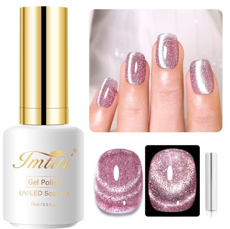 Imtiti Pink Cat Eye Gel Nail Polish, 15 ml Glitter Pink Holographic Reflective Sparkle Flash UV Soak Off Gel Nail Polish with Magnetic Stick 1 Piece