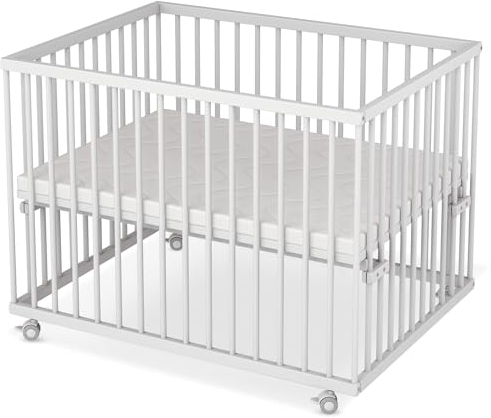 Sämann Laufstall Baby 75x100 cm mit Matratze | TÜV geprüft 2024 | stufenlos höhenverstellbar | Laufgitter Premium | Babybett aus Holz | Krabbelgitter weiß
