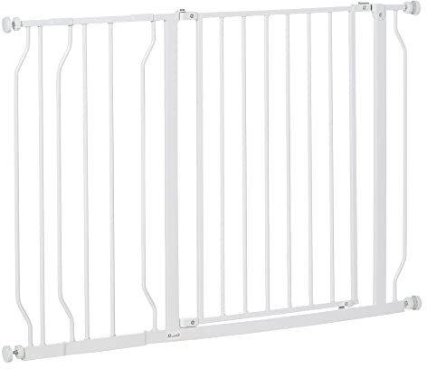PawHut Cancelletto di Sicurezza per Cani Estensibile 75-115 cm e Regolabile per Scale e Porte, Cancellino per Cani Alto 76 cm in Acciaio e ABS, Bianco