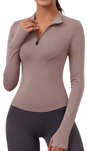 Rapbin Sportshirt Damen Langarm Gym Top Yoga Atmungsaktiv Sport Oberteil mit 1/4 Reißverschluss und Daumenloch (Haiyueyan,XS)