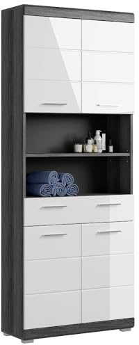 Lomadox Badezimmer Hochschrank Badezimmerschrank Badezimmermöbel Schrank ca. 74 cm breit modern in Hochglanz weiß mit grau