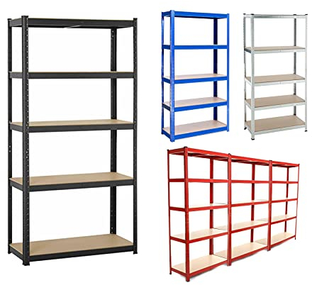Regal mit 5 Etagen für Garage und Schuppen – freistehendes industrielles Metallregal, schraubenlose Regale aus Metall, Stahl und MDF, 875 kg Kapazität, extra tiefes Lagerregal (150 x 70 x 30 cm, rot)