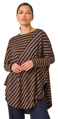 Roman Originals Contrast Stripe Stretch Jersey Top for Women UK - Ladies Everyday Autumn Winter Round Neckline Comfy Soft Evening Vacation Work Party Night Out - Tan & Black - Size 16
