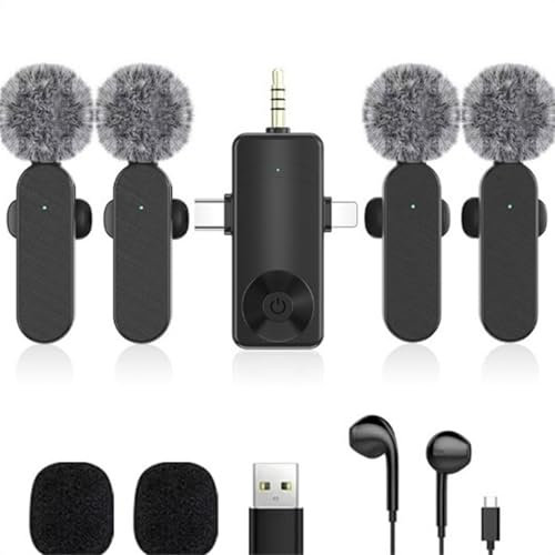 Micrófono Lavalier inalámbrico 3 en 1/cuatro en uno para iPhone, iPad, Android, cámara, computadora, mini micrófono de grabación de reducción de ruido, retardo ultra bajo, micrófono para Vlog,