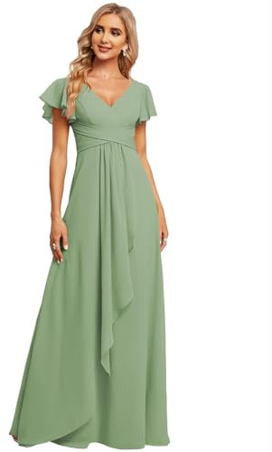 JAEDEN Damen Brautjungfernkleid Chiffon V-Ausschnitt Abendkleid mit Ärmel Formelle Hochzeit Party Kleid Staubiger Salbei 36