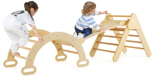 HOMFME 3 in 1 Kids Climbing Frame, Toddler Wooden Climbing Triangle Set with Reversible Ramp and Arch, Indoor Children Activity Climber Playground for Boys Girls