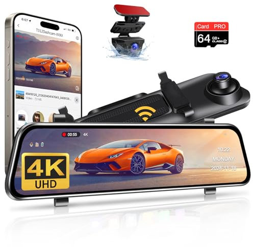 Vtopek 4K Dashcam Auto 12-Zoll Spiegel Dashcam mit 1080P Rückfahrkamera Rückspiegel Auto Kamera mit WiFi 64 GB-Karte IPS-Touchscreen Dual Dash Cam Spiegel mit Loop-Aufnahme G-Sensor WDR Nachtsicht