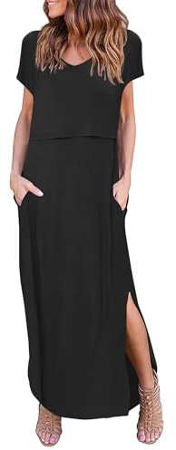 Ekouaer Women's Maternity Nursing Dresses Summer Short Sleeve Split Long Dresses for Breastfeeding Black M