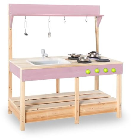 Mud Kitchen Playset for, Outdoor Wooden Toy Play Kitchen Set for Boys and Girls, Kitchen Accessories and Garden Sink, Outdoor Toy for Kids (Pink1)