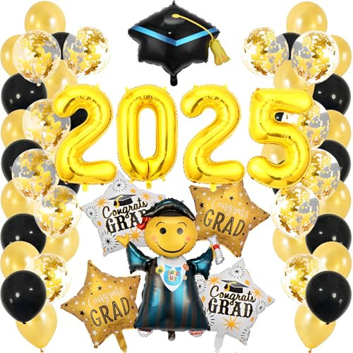WTZWYFWJ Abschlussfeier Deko Abitur 2025,2025Deko Abschlussfeier Luftballons,Golden Konfetti Luftballon Set,Black Gold Abitur Abschluss Schulabschluss Feier Party Dekoration 2025 Abschlussfeier Ballon