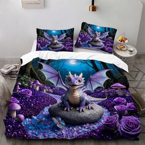 Zbeiba Bettwäsche 135x200cm Set 3 Teilige,Kinder Junge Mädchen Bettbezug + 2 Kissenbezug,Süßes kleines Monster, lila Drache Dinosaurier Motiv（135x200+2 * 80x80,Sti9）