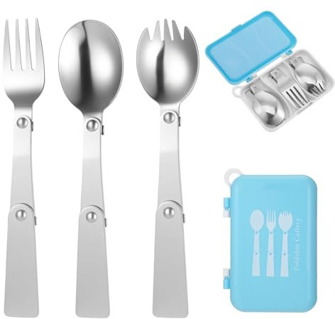 Prasacco Lot de 3 cuillères et fourchettes pliantes portables en acier inoxydable 304 avec 1 range-couverts pour l'extérieur, les voyages, le camping, les pique-niques, la randonnée, l'escalade
