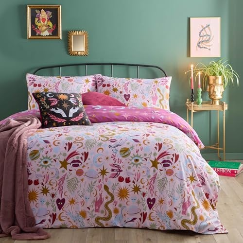 Furn. Enchanted Bettbezug-Set – Wendebettwäsche mit mystischem, himmlischem Design (Rosa – Doppelbett)