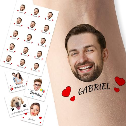 Tatouage Éphémère Personnalisé Photo, Tatouages Personnalisés avec Visage Prenom Logo, Autocollants de Tatouage Temporaire pour Mariage, Anniversaire, Fête, EVJF, Cérémonie de Graduation, Noël