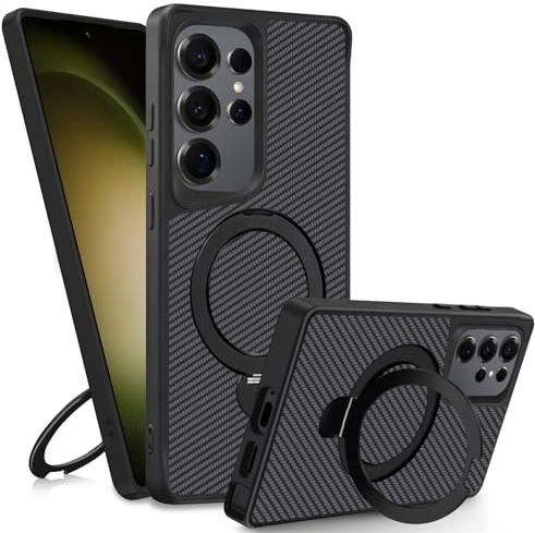 Migexxkj für Samsung Galaxy S23 Ultra Hülle für Mag-Safe, mit Kameraschutz 360° Metall Ring Ständer mit Muster, Schutz in Militärqualität, Stoßfest Kratzfest Magnetisch Handyhülle S23 Ultra -Schwarz