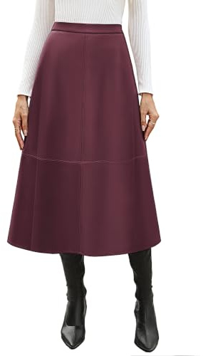 Kate Kasin Damen Faux Lederrock PU Midi Röcke A-Linie Winterrock Wein L