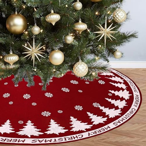 DEMIUKO Weihnachtsbaum Decke Rot 90cm Gestrickter Christbaumdecke Groß mit Weiß Schneeflocken Christbaum Rock Rund Weihnachtsbaumdecke Tannenbaumdecke für Christbaumständer Zuhause Weihnachtsdeko