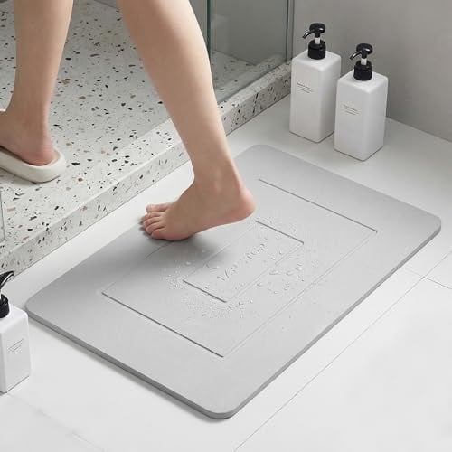 IZPFTOP Kieselgur Badematte Stein - Saugfähige Stein Badematte Schnelltrocknend & rutschfest - 60x39cm Diatomite Badezimmermatte, Steinmatte für Bad & Dusche, Moderner Badteppich Badvorleger(Grauweiß)