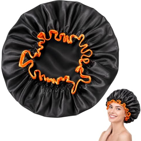 Black Large Shower Cap for Women Long Hair, Reusable Waterproof Hat for Men, Double Layer Washable Bath Cap for Thick Curly Hair