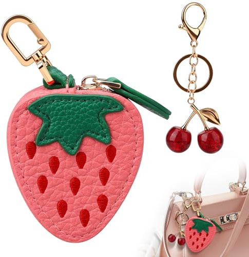 Erdbeer Coin Purse,Niedlicher Schlüsselanhänger Tasche,Mini Geldbörse Damen | Süßer Leder Taschenanhänger mit Kirsch-Schlüsselanhänger für Halloween und Christmas Geschenk