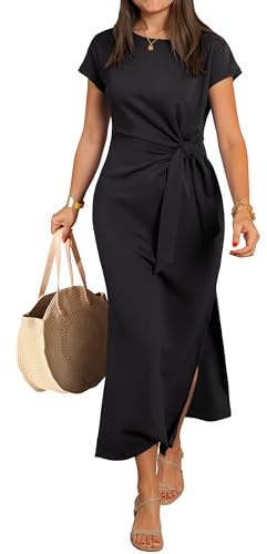 ANRABESS Womens Summer Maxi Dress Casual Crew Neck Tie Waist Split Wrinkle-Free Fit Long Fashion Vacation Dresses 2026 Spring Black Medium