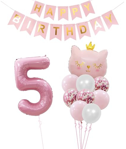 Geburtstagsdeko 5 Jahr Mädchen mit Happy Birthday Girlande, 5. Geburtstag Deko-Set, Rosa Katzen-Ballon, Happy Birthday Banner, Konfetti-Luftballons, Rosa & Weiß, 5.Geburtstag Mädchen