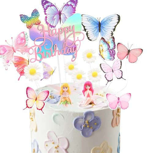 Gleevio 28 Stück Feen Tortendeko Mädchen, Happy Birthday Cake Topper, Blumen Schmetterling Tortendeko Geburtstag, Elfen Kuchendeko Feen Geburtstag Deko für Frühling Ostern Kindergeburtstag Deko