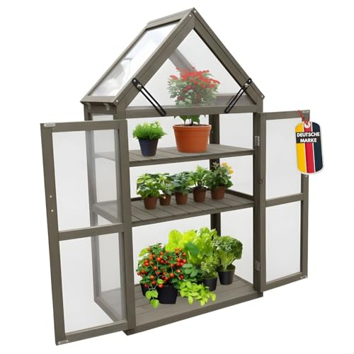 Coemo Holz-Gewächshaus Jan – Stilvolles Design, 70x41x132 cm, Aufklappbare Türen und Dach, Winterschutz Gewächshaus -Wetterfestes Pflanzenhaus für Kräuter, Tomaten & Setzlinge Farbe Grau