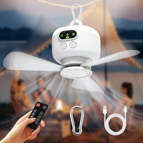 NAVESO Ventilador de techo para camping con iluminación, ventilador de techo recargable, ventilador de batería portátil para camping con luz y mando a distancia, pequeño ventilador para tienda de