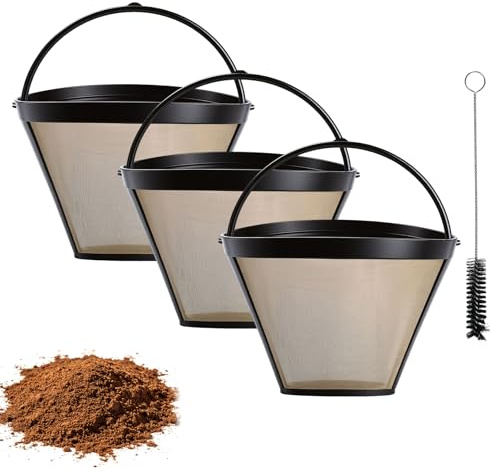 3Filtros de Café Reutilizables de Acero Inoxidable para Cafeteras 8-12Tazas | Filtros de malla reutilizables para cafetera de goteo (8-12 tazas), hechos de acero inoxidable, incluye 1 cepillo de limpieza