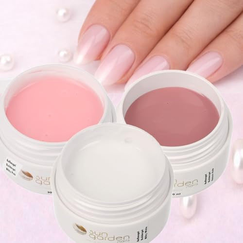 Sun Garden Nails UV Gel Set Milky Pink, Milky White, Natural Nude 3 x 30ml UV/LED Härtend Aufbaugel für Naildesign und Nailart Buildergel
