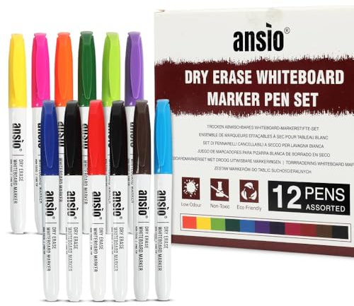 ANSIO Whiteboard Pens Pack of 12 – Assorted Whiteboard Markers with Fine Tip – Dry Wipe Pens for Whiteboard