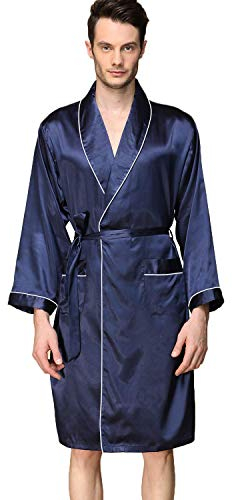 Haseil Herren-Bademantel aus Satin, Drache, luxuriös, Seide, Spa, langärmelig, Kimono-Bademantel, Marineblau, Large