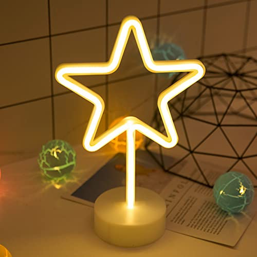 ENUOLI LED Warm White Star Shaped Neon Sign with Base, Battery Operated USB Powered Home Decoration Lighting