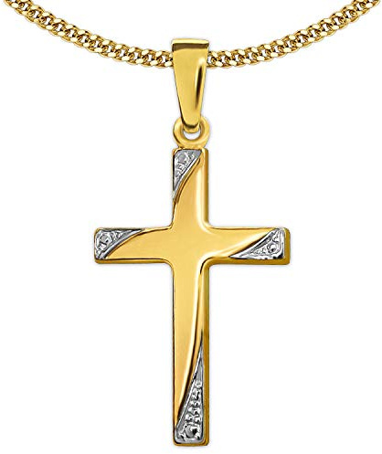 CLEVER SCHMUCK Erstkommunion Kinder Kreuz 19 mm Bicolor Kreuzenden verziert 333 Gold 8 Karat & vergoldeter Kette Panzer 38 cm im Kreuz Etui