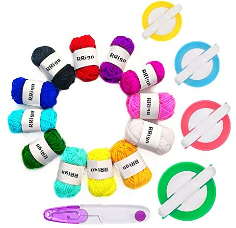RRigo Pom Pom Maker, 4 Größen Fluff Ball Weaver Nadel Pompom Maker Sets-DIY Pompoms Handwerk Puppe Making Kits, Pom-Pom Maker Knitting Loom+ 1pcs Schere + 12Pcs Acrylgarn (17)