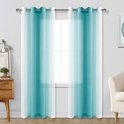 Hiasan Ombre transparente Vorhänge für Wohnzimmer – Kunstleinen Voile Ösen Fenstervorhänge für Schlafzimmer, Set mit 2 Paneelen, 132 x 274 cm lang, Türkis Farbverlauf