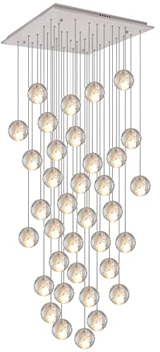 KJLARS Pendelleuchte LED Moderne Glas Kristall Hängeleuchte Höheverstellbar Lüster Dekoratives Kronleuchter für Villa Treppe Wohzimmer Esszimmer Schlafzimmer Pendellampe (36 Bälle Square)