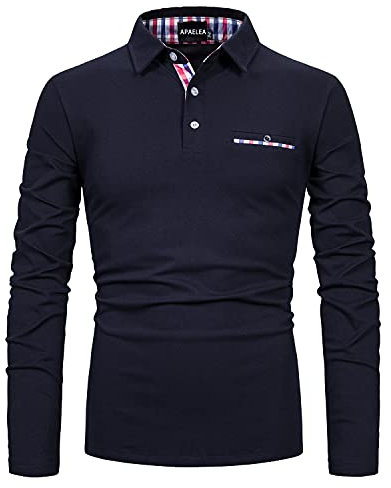 APAELEA Men's Long Sleeve Polo Shirt Casual Rugby Shirts with Plaid Down Collar,Navy,M