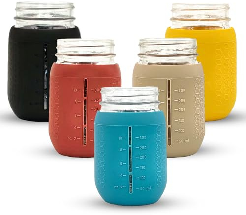 minliving Mason Jar Silicone Sleeve, Regular Mouth 16oz, Autumn Winter 5pk | Also works as a mason jar koozie & jar gripper. Anti-slip silicone cover with measurement markings for colored mason jars.