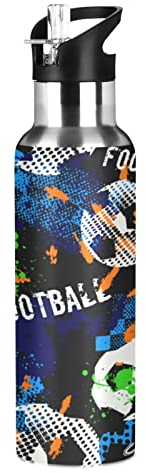 Vnurnrn Ballon De Football Sport Doodle Football Bouteille d'eau Isotherme avec Paille en Acier Inoxydable Gourde 600ML, Sans Bpa Gourdes Eau pour Enfant Sport Randonnée École Bureau