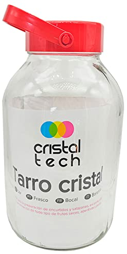 Acan Tradineur - Tarro de Cristal cilíndrico con Tapa y asa roja Resistente, garrafa, Botella Multiusos, encurtidos, salazones, pastas, 5 litros, 30 x 16 cm, Modelo Aleatorio