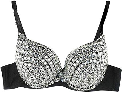 WanWorlder Bügel BH Glänzend Pailletten Party Top Damen Sparkly Sport-BHS Sportunterwäsche Mode Strass Sexy Neuer Punk Dame Goth Silber Party Studded Jazz Tanz Pole Dance Bikini BH, Weiß, L